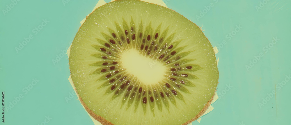 Poster minimalistic scrapbook composition featuring a kiwi slice and textured paper scraps