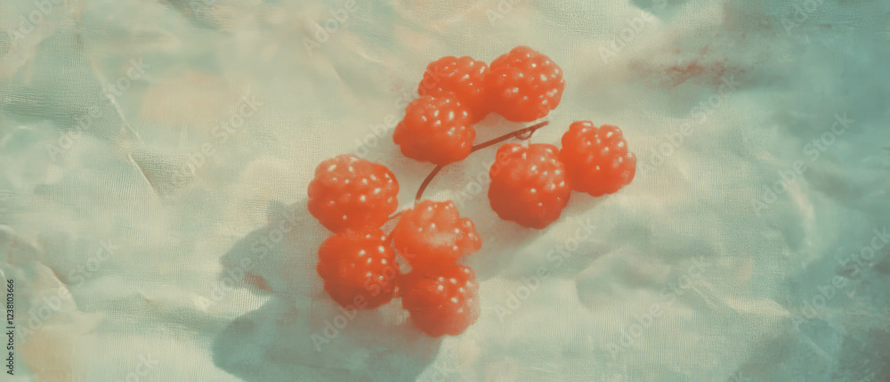 Aufkleber cloudberries arranged on textured linen with a minimalist scrapbook design