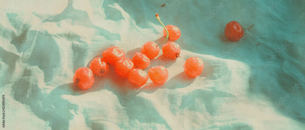 Poster minimalistic scrapbook-style arrangement of cloudberries on textured background