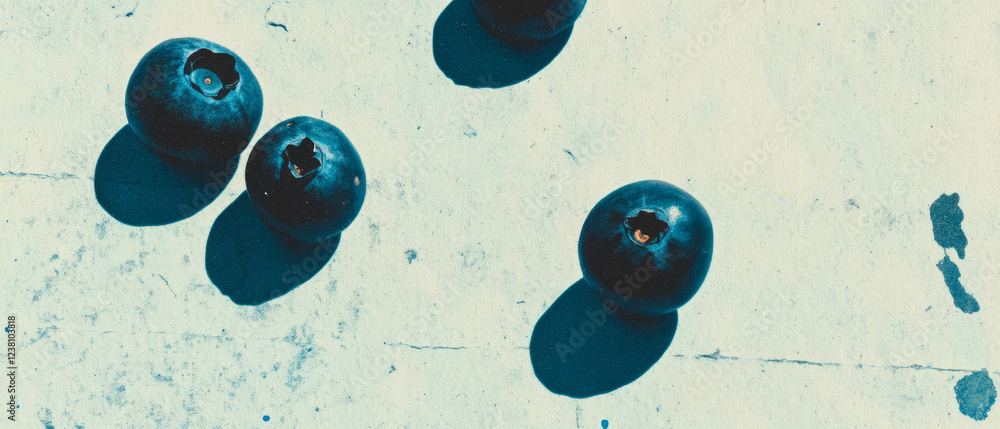 Poster exploration of blueberries on textured watercolor paper in minimalistic composition