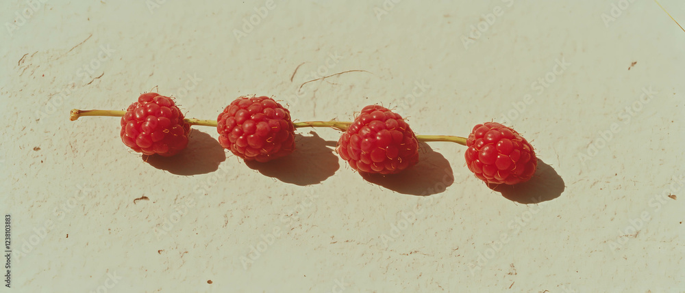 Poster minimalistic scrapbook composition featuring raspberries on a textured neutral background