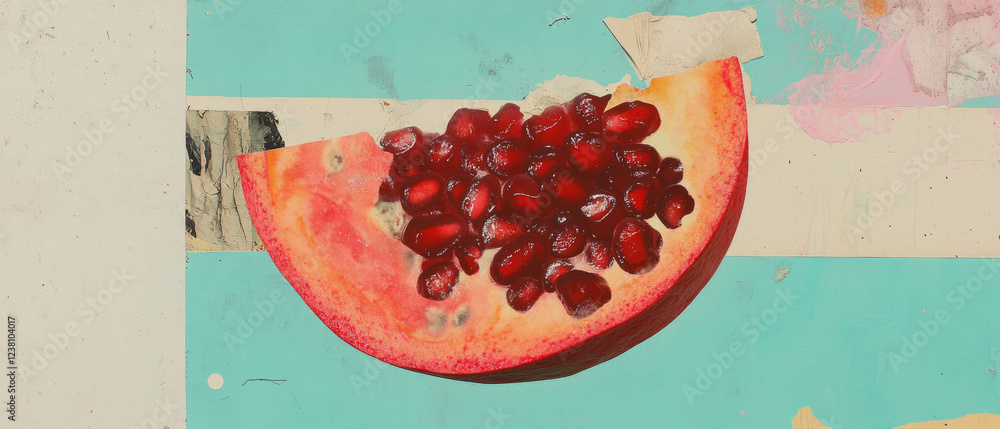 Poster Minimalistic scrapbook composition featuring a slice of pomegranate on a textured background