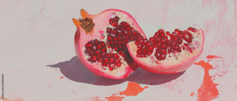 Poster minimalistic scrapbook design featuring a slice of pomegranate with ink dot detail