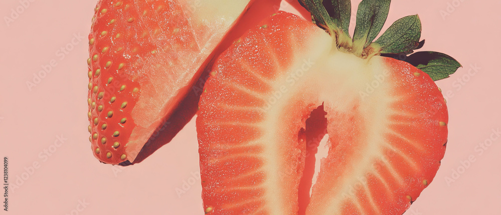 Poster minimalistic scrapbook design featuring a halved strawberry and delicate paper details
