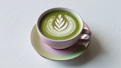Elegant Matcha Latte with Leaf Latte Art in a Pink Cup on an Iridescent Saucer for Gourmet and Stylish Beverage Concepts