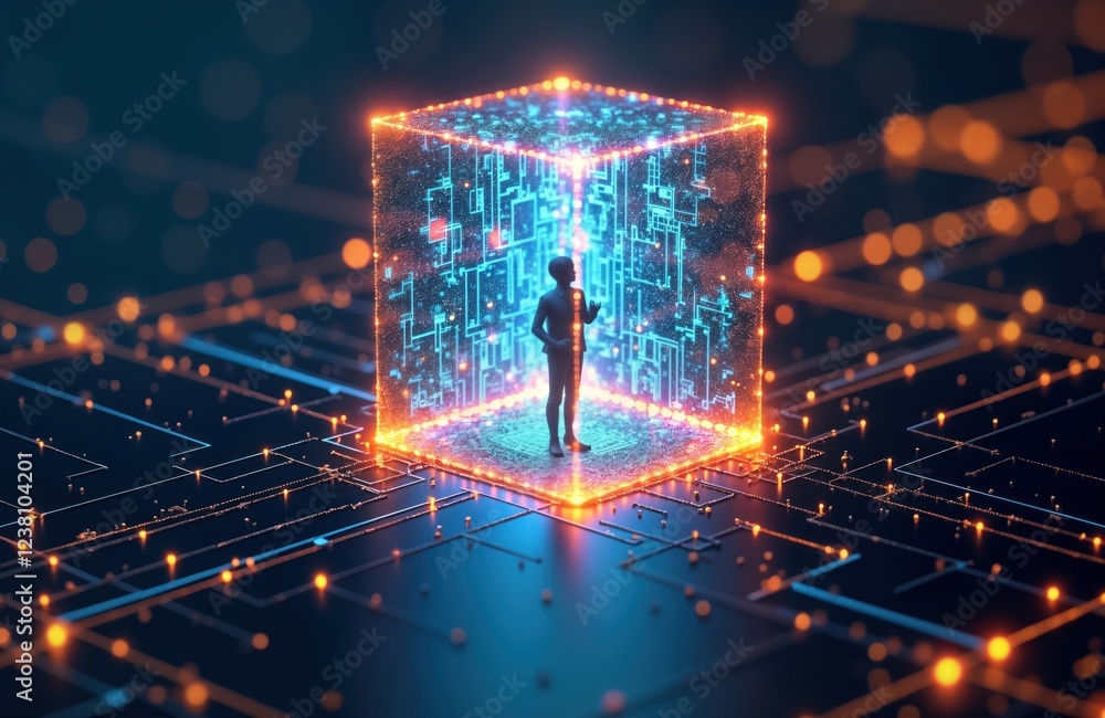 Poster person in tech cube. futuristic ai concept. person in transparent tech cube on circuit board. advanc