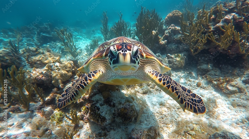 Poster a sea turtle navigates the crystal-clear waters, showcasing its unique patterns as it swims near col