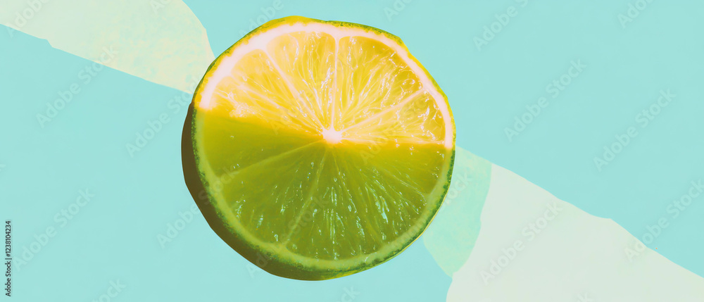 Poster minimalistic scrapbook design showcasing a slice of lime with watercolor effects and textures