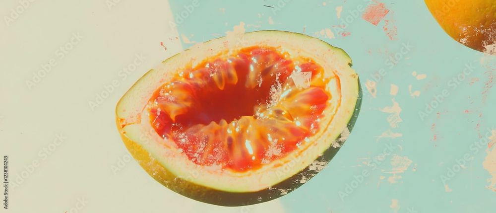 Poster minimalistic scrapbook composition with a slice of passion fruit and delicate paper details