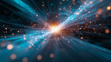 Naklejka premium Abstract light streaks converging at center, vibrant energy burst, dark background, digital art, website banner