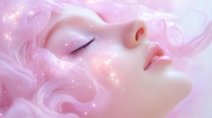 Fototapeta premium A celestial goddess with flowing cosmic hair surrounded by glowing stars and a pastel galaxy mystical fantasy portrait