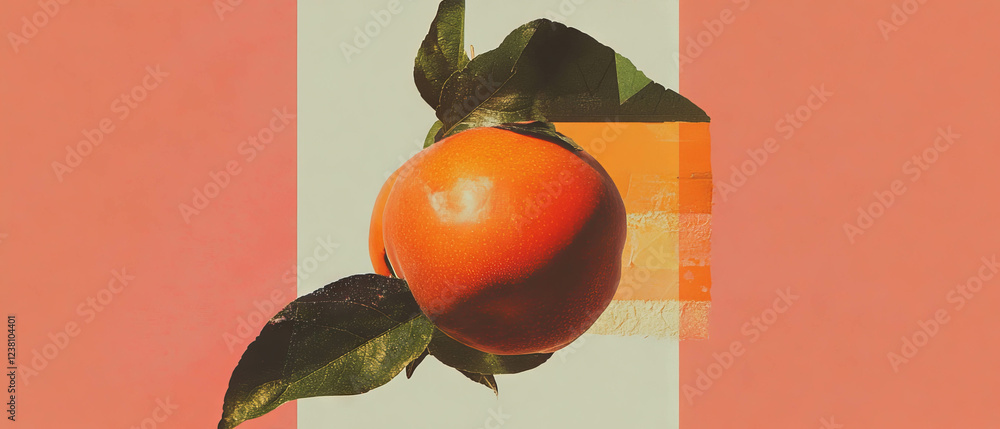 Poster Single persimmon in a minimalistic scrapbook-style composition with textured background