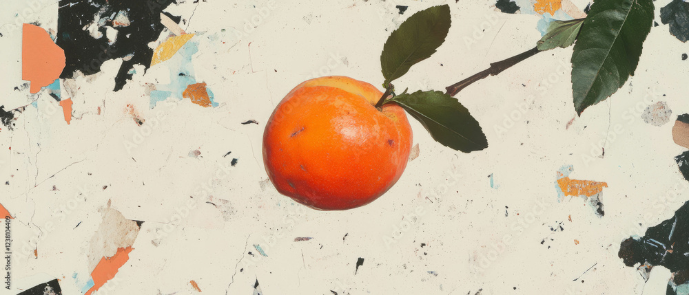 Poster minimalistic scrapbook composition featuring a single persimmon on a textured background