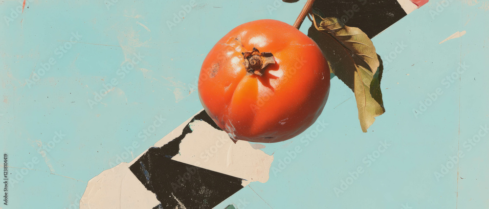 Poster minimalistic scrapbook-style artwork featuring a single persimmon on textured background