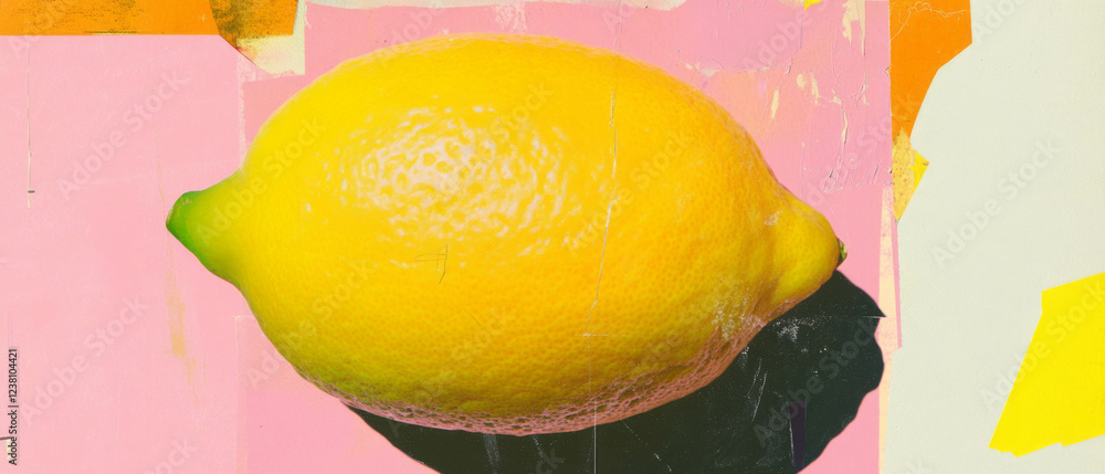 Poster minimalistic scrapbook composition featuring a vibrant lemon on a clean textured background