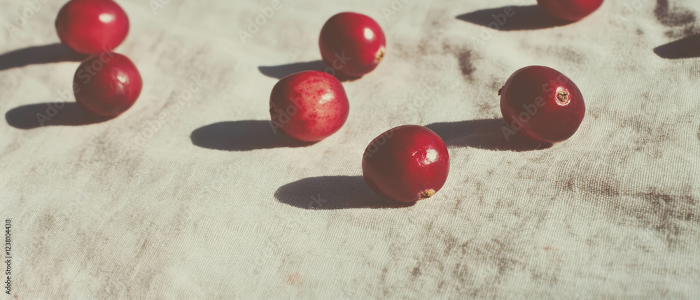 Poster minimalistic scrapbook art featuring cranberries on textured linen background
