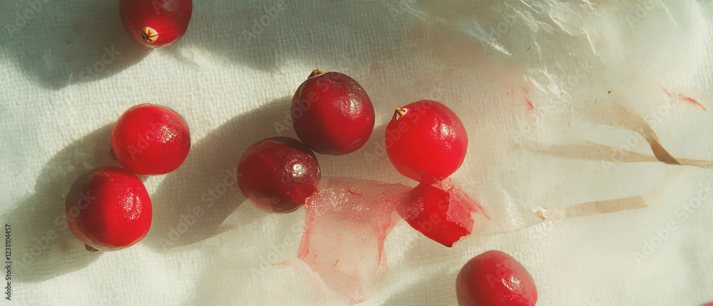Poster Minimalistic scrapbook design featuring cranberries on textured linen backdrop