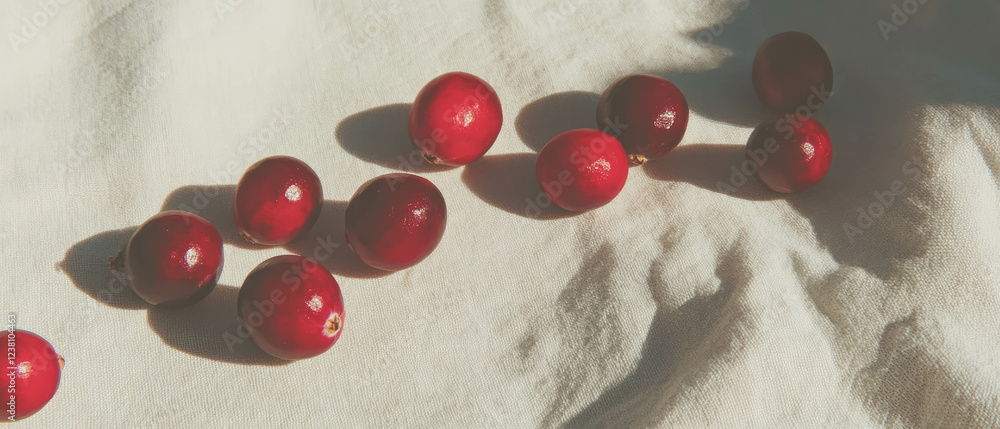 Poster Cranberries arranged on a textured linen background in a minimalistic scrapbook style