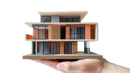 Architect holding scale model house on transparent background