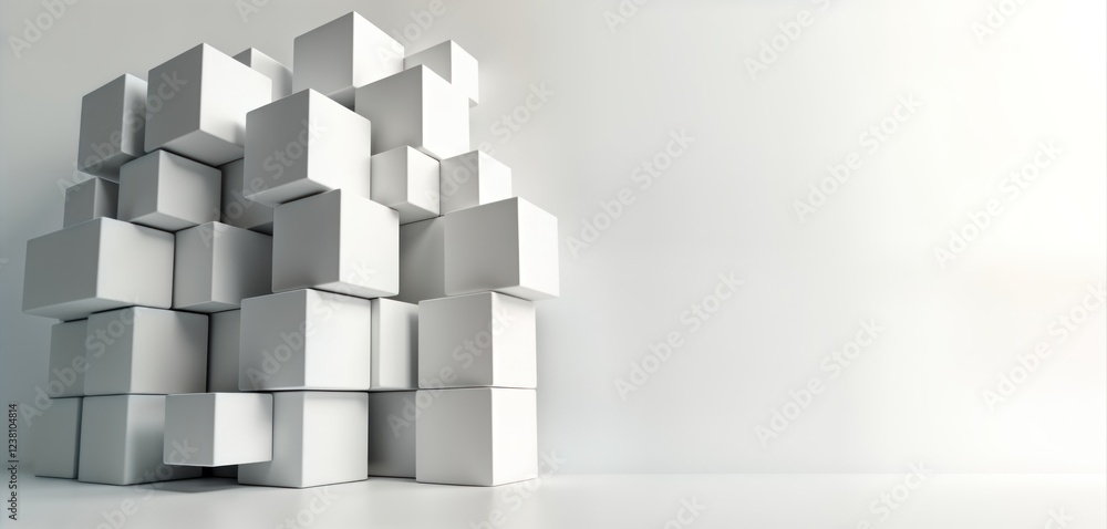 Poster abstract 3d rendering shows stack of white cubes. geometric shapes create modern design. clean lines