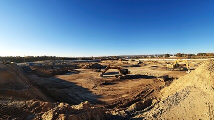 Construction site with machinery and earthworks under a clear blue sky.