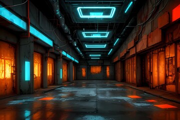 ゲーム背景　オリエンタルサイバーシティ都市ビル内風景通路	
