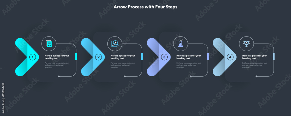 Aufkleber Arrow infographic process template with four steps - dark version. Graphic diagram with numbers and icons for workflow layout, banner or web design.