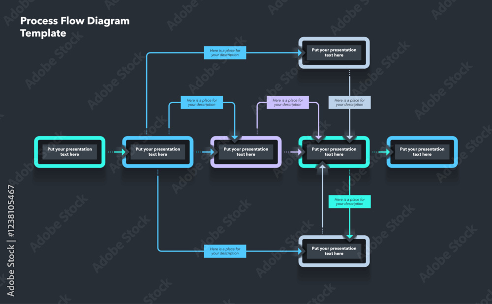 Aufkleber Simple modern template for process flow diagram - dark version. Flat infographic design with thin lines for website or data presentation.