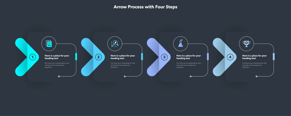 Arrow infographic process template with four steps - dark version. Graphic diagram with numbers and icons for workflow layout, banner or web design.
