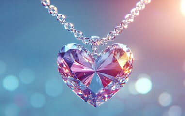 Sparkling diamond necklace with a heart pendant for Saint Valentines Day and 8 March Womans Day, on a silver-to-blue gradient background