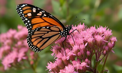 Naklejka premium A vibrant butterfly perched on a pink flower, Generative AI