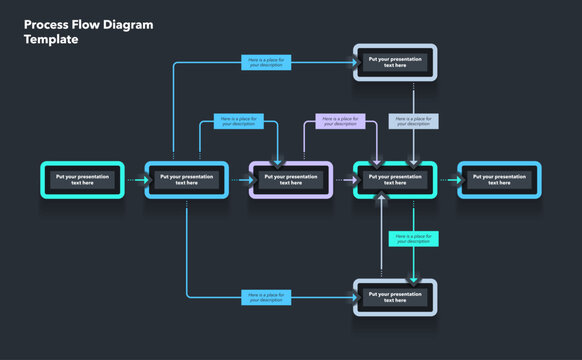 Simple modern template for process flow diagram - dark version. Flat infographic design with thin lines for website or data presentation.