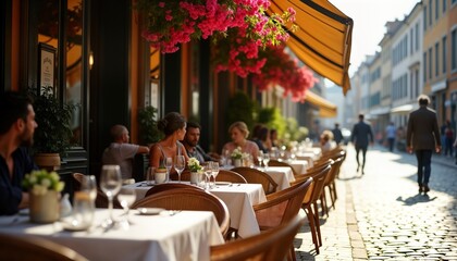 European cafe outdoor seating area. People seated at tables enjoying drinks. Lively atmosphere. Sunny day. European city street. Traditional style. Vintage building. Summertime. Busy scene. Tourists,