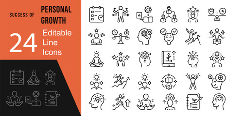 Success Of Personal Growth Editable Icons set Vector Illustration In Modern Thin Line Style Of Human Lifestyle icons: Personal, Mental, And Work Life Growth, Progress, Career.