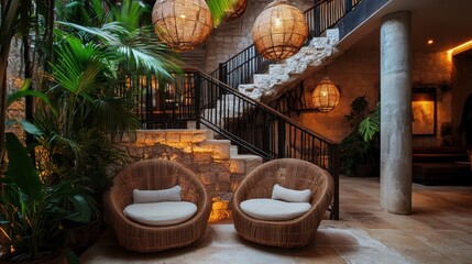 Luxurious hotel lobby, tropical courtyard, stone stairs, rattan chairs, relaxing atmosphere