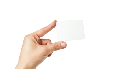 Woman hand holding blank business card with transparent background