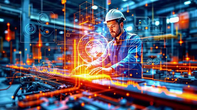 Engineer analyzing data on a futuristic manufacturing line with digital overlays in a factory setting