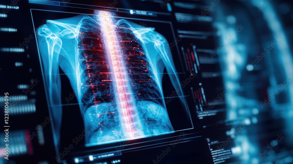 Poster artificial intelligence in medical detection. real time analysis of x ray image showcasing spine and