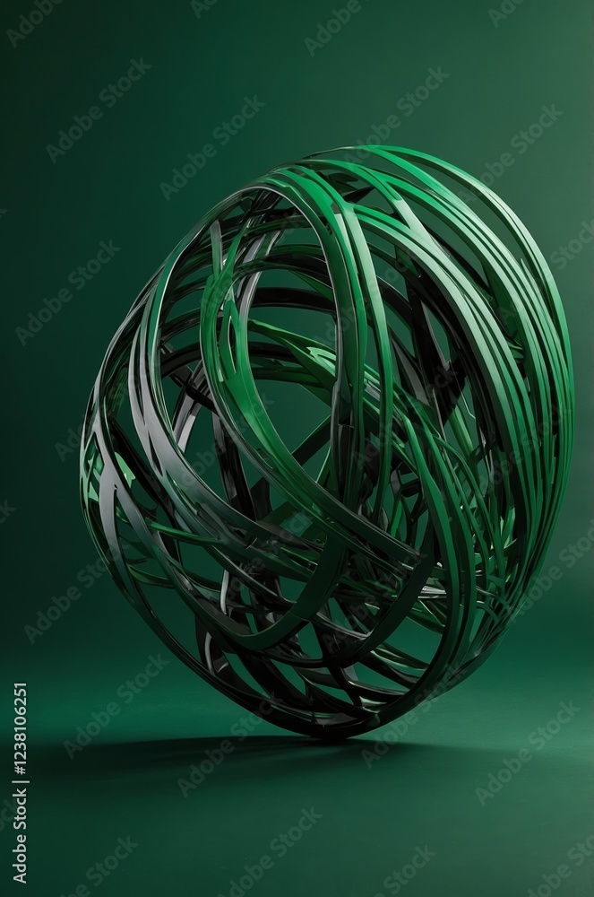 Poster dynamic green sculpture showcasing fluid forms and intricate design on a solid background