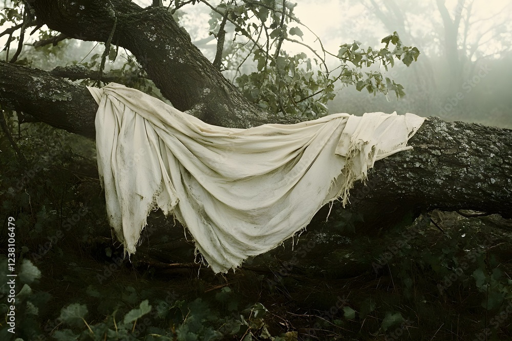 Poster a tattered fabric draped over a tree branch in a misty forest, creating a mysterious and serene atmo
