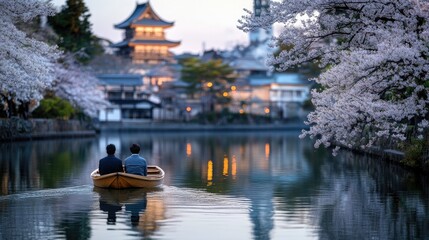 Vibrant pink cherry blossoms enhance the tranquil sunrise view of an elegant building, creating a picturesque reflection in calm water