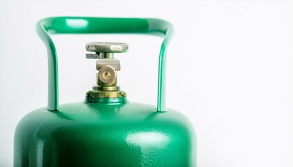 close-up of a green propane tank with a valve and handle. The tank is isolated on a clean background, allowing for focus on its detail and potential for graphic design usage