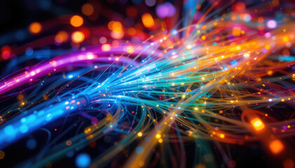 Fototapeta premium Vivid Optical Fiber and Colored Electric Cables Glowing, Technology Background.