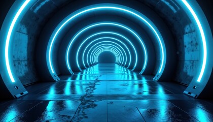 Futuristic neon blue tunnel interior. Glowing tubes create dynamic ambiance. Empty space in futuristic urban environment. Wet cement floor reflects light. Sci-fi architecture. Underground corridor