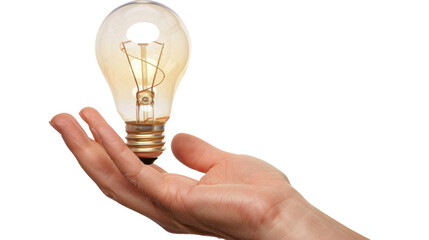 Hand holding lit light bulb with transparent background