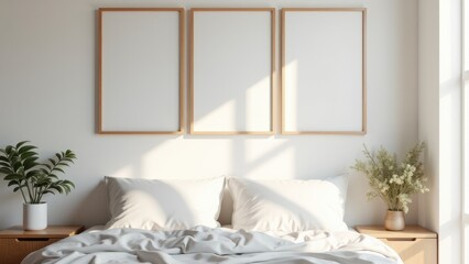 Mockup with Multiple Posters, Serene bedroom soft light floral posters above headboard.