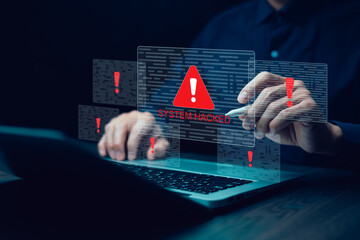 A cybersecurity breach concept showing a hacker attacking a system with a “System Hacked”...