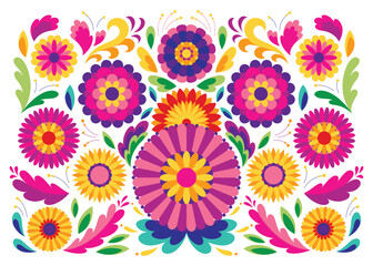 Mexican flower traditional pattern background. Ethnic embroidery decoration ornament. Flower symmetry texture. Ornate folk graphic, wallpaper. Festive mexican floral motif. Vector illustration