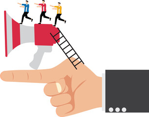 Marketing campaigns, marketing advertising target groups, marketing strategies and guidance, a group of businessmen running along a megaphone on the index finger of a large hand