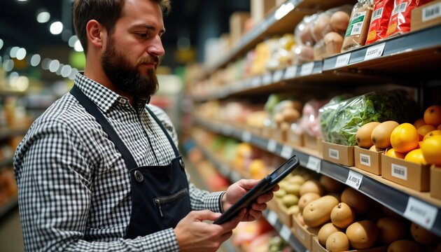 Male shop worker uses tablet to manage grocery store products on shelves. Checks stock levels indoors. Retail worker uses tech for inventory management. Pro shop worker in food store. Modern tech in